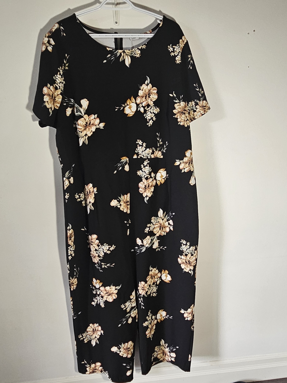 Dex Black Floral Short-Sleeve Jumpsuit with Cream and Yellow Blooms
